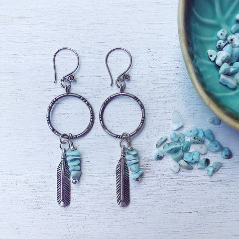 LARIMAR PEACE FEATHER EARRINGS