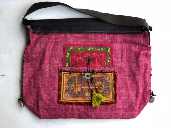 PINK HESSIAN TRIBAL HANDBAG WITH LEATHER STRAPS