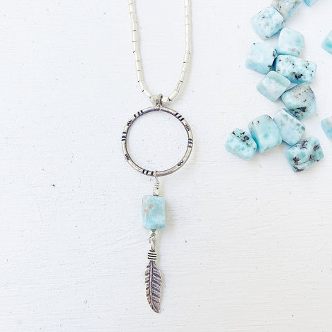 LARIMAR PEACE FEATHER NECKLACE