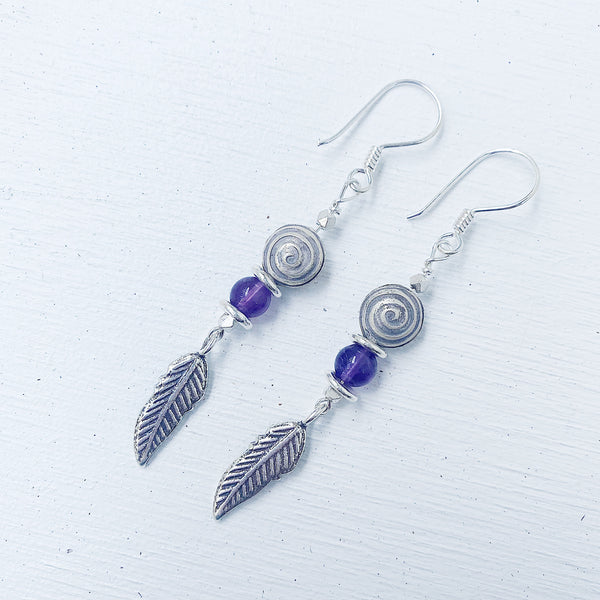 AMETHYST FEATHER SWIRL EARRINGS